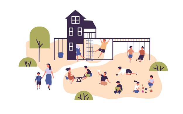 crowd of happy children spending time at outdoor playground vector flat illustration. kids playing with toys in sandbox, swinging, having fun at playhouse and communicating to each other isolated.