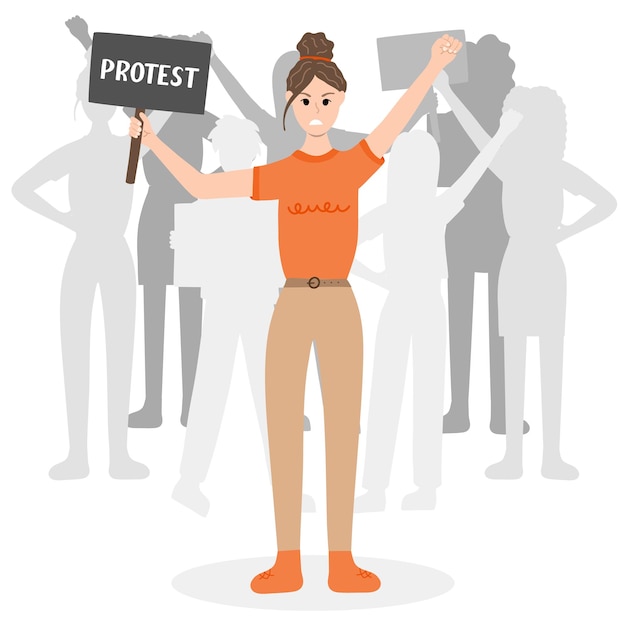 ベクトル バナーを保持し、拳を前に上げて怒っている女の子と抗議者の群衆 抗議民主主義の権利の概念 市民抵抗 手描きのベクトルの漫画イラスト 女性コミュニティ