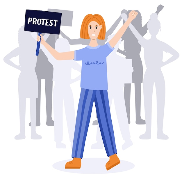 バナーを保持し、拳を前に上げて怒っている女の子と抗議者の群衆 抗議民主主義の権利の概念 市民抵抗 手描きのベクトルの漫画イラスト 女性コミュニティ