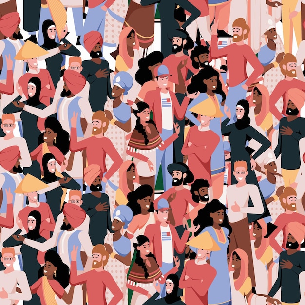 Crowd pattern multi ethnical adults diversity persons garish vector seamless background illustration of group crowd international