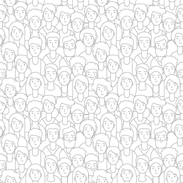 Crowd pattern. people faces seamless texture. line diverse man\
woman students vector background. illustration crowd people linear,\
social face pattern