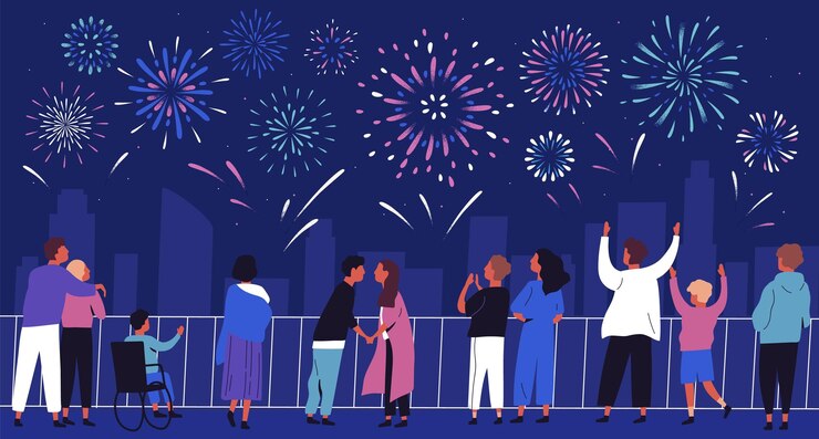 Vector crowd of people admiring celebratory fireworks at night cityscape vector flat illustration. citizens of megapolis contemplating festive pyrotechnics show. man, woman and children at urban holiday.