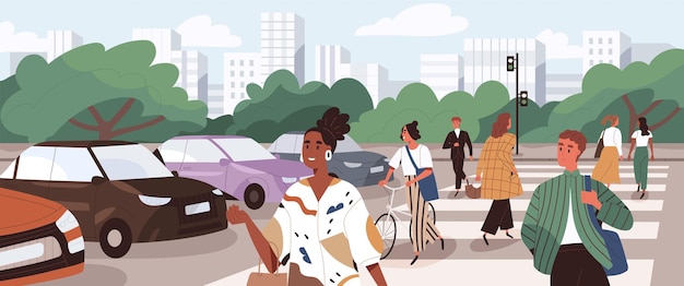 Vector crowd of people crossing road at crosswalk. pedestrians and cyclists walking the street on zebra at green traffic light signal. flat cartoon vector illustration of panoramic city view with citizens.