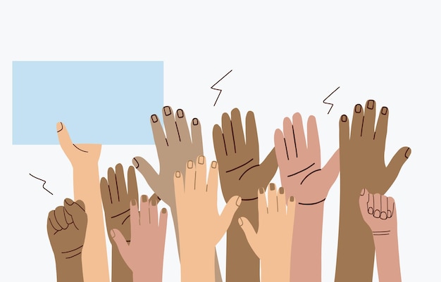 crowd of people of different nationalities and at a protest hands holding empty template of placard