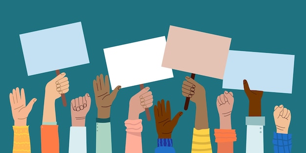 crowd of people of different nationalities and at a protest Hands holding empty template of placards