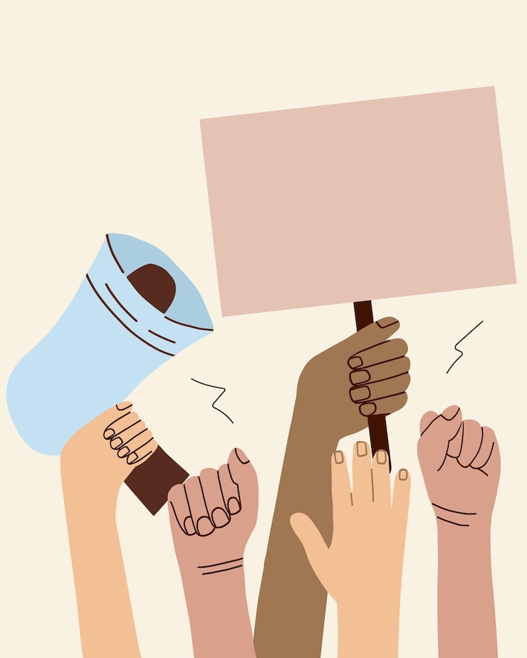 Vector crowd of people of different nationalities and at a protest hands holding empty templates of banners