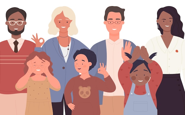 Vector crowd of people diverse family portraits happy multiethnic group of adults and kids