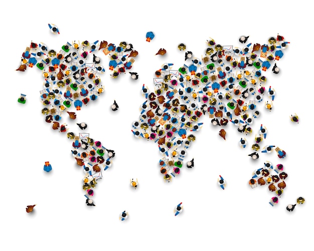 Vector crowd of people in the form of world map on white background . vector illustration