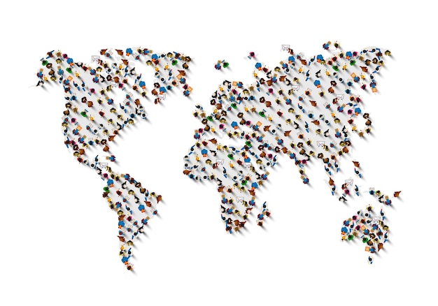 Vector crowd of people in the form of world map on white background . vector illustration