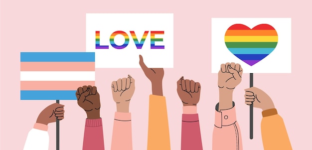 Vettore una folla di persone con poster lgbt, transgender e arcobaleni a una parata gay.