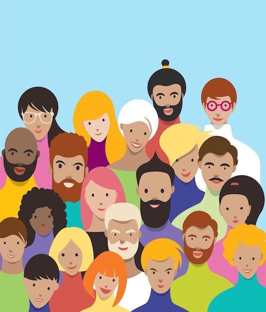 Vector crowd of people illustration crowded group of men women various nationalities vector in flat style