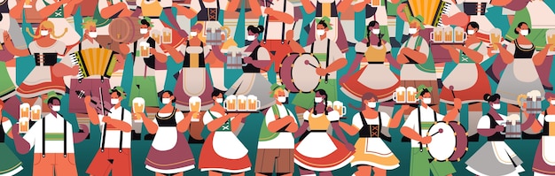 Folla di persone in maschere mediche che bevono birra oktoberfest celebrazione del partito