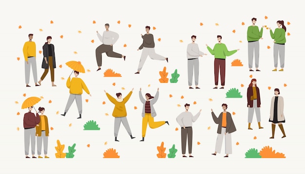 Vector crowd of people wearing autumn clothes