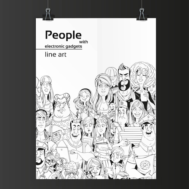 Crowd of people with electronic gadgets line art on white paper