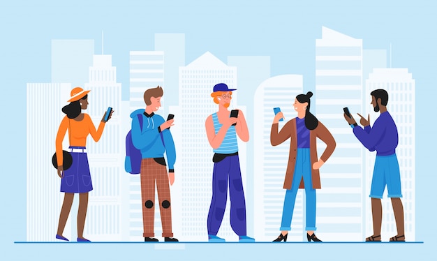 Vector crowd people with smartphones illustration. cartoon flat man woman young characters standing in city street, holding mobile phone in hand, using cellphone in modern urban cityscape background