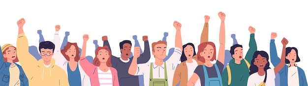 Crowd protesters fists Angry protester with fist up on political demonstration strike or revolution protesting anger people raise hand