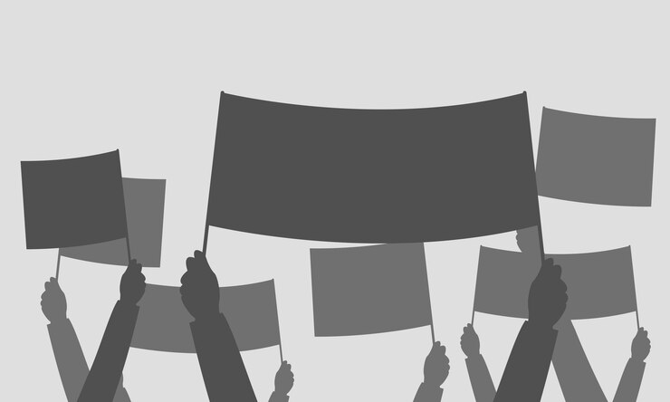 Vector crowd of protesters people silhouettes of hands people with banners