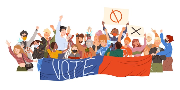 Vector メガフォンのベクトルイラストでバナーを持って叫ぶ抗議する人々の群衆