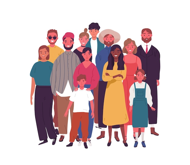 Folla di persone diverse sorridenti in piedi insieme illustrazione piatta vettoriale. gruppo di uomini, donne e bambini gioiosi multietnici isolati su bianco. personaggi felici vecchi e giovani. diversità sociale.