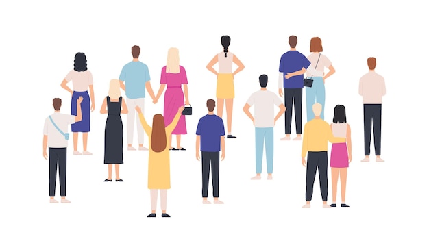 Vector crowd standing back view. group of people from behind. men and women meeting and looking. gathering public, team or audience vector concept. crowd woman and man, back illustration