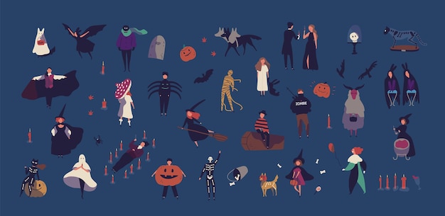 Crowd of tiny people dressed in various halloween costumes isolated on dark background. male and female cartoon characters at party or masquerade ball. colorful vector illustration in flat style.