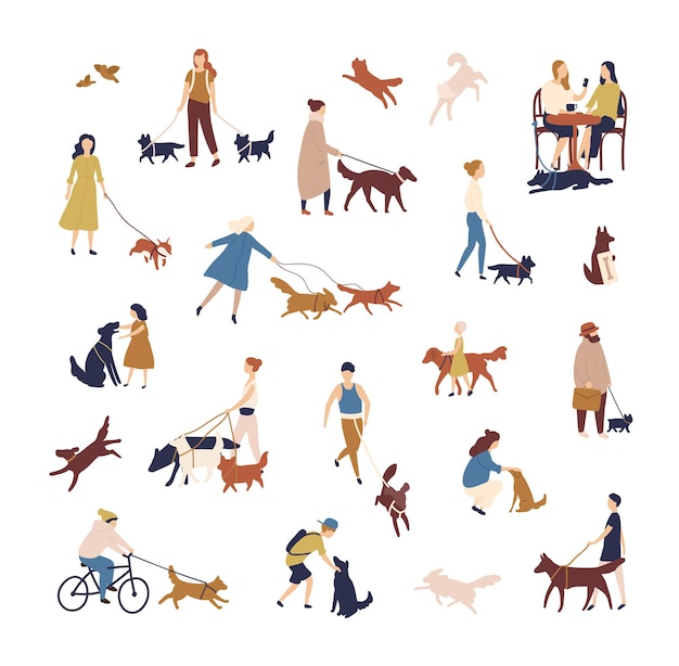 Crowd of tiny people walking their dogs on street. group of men and women with pets or domestic animals performing outdoor activities isolated on white background. vector illustration in flat style.