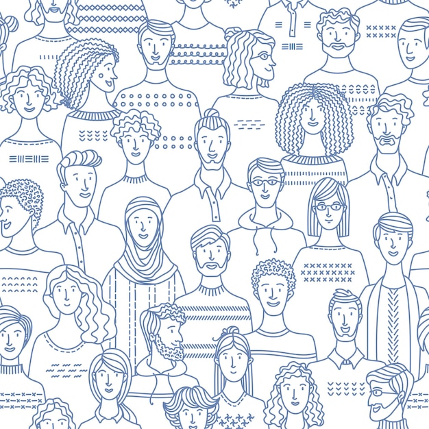 Vector crowd of various men and women in linear style