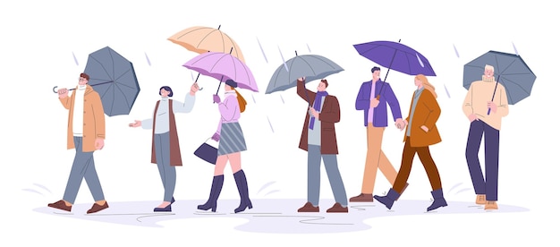 벡터 비나 폭풍에 군중 산책 비오는 보호 우산과 코트 폭풍우 치는 날 밖에 출근하는 사람들 봄 가을 시즌 날씨 발랄한 벡터 우산을 들고 걷는 군중의 그림