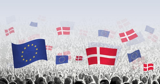 Crowd with flag of european union and denmark people of denmark with flag of eu