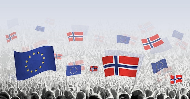 Crowd with flag of european union and norway people of norway with flag of eu