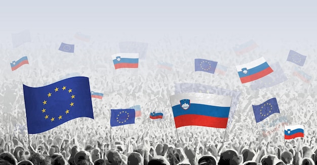 Crowd with flag of European Union and Slovenia people of Slovenia with flag of EU