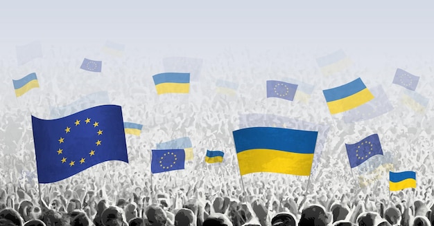 Crowd with flag of European Union and Ukraine people of Ukraine with flag of EU