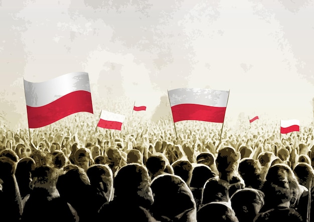 Vettore folla con le bandiere della polonia persone che incoraggiano la squadra nazionale della polonia