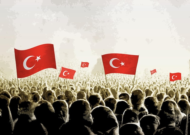 Crowd with the flags of Turkey people cheering national team of Turkey Ai generated illustration of crowd