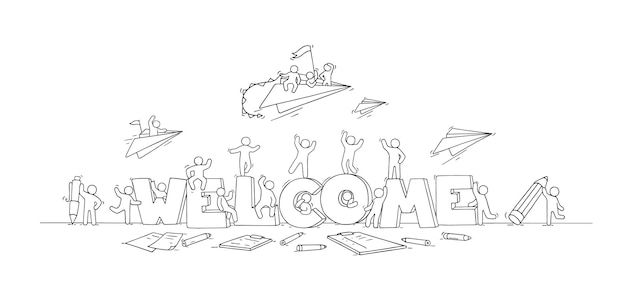 Folla di piccole persone che lavorano con grandi lettere. doodle carino scena in miniatura con messaggio welcome