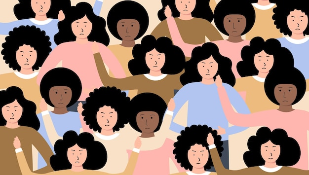crowd of young multiethnic people with angry emotions diverse group of stylish people standing together flat cartoon vector illustration