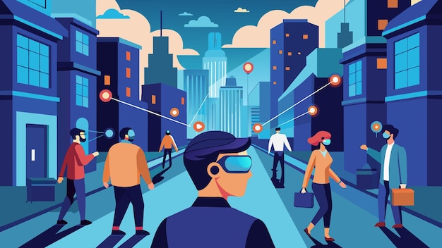 Vector a crowded city street filled with people connected to virtual reality through their neural tech