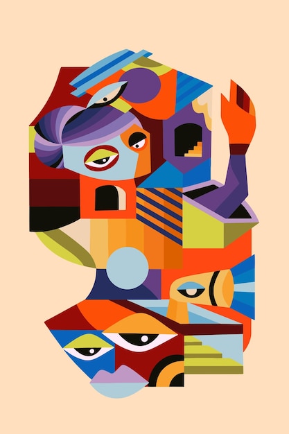 Crowded Head Cubism Illustration