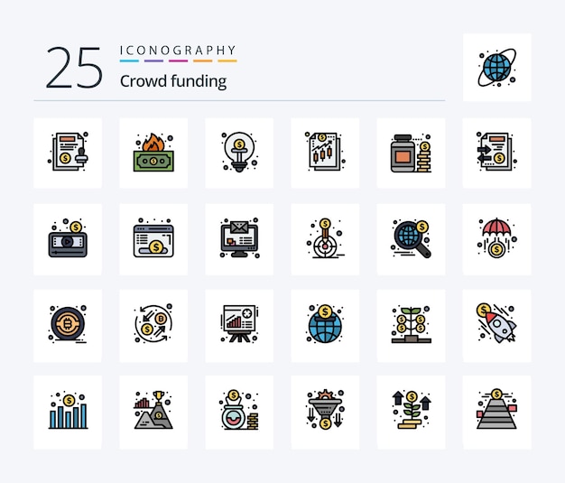 Crowdfunding 25 Line Filled icon pack, включая идею финансирования бизнеса с доходом от валюты