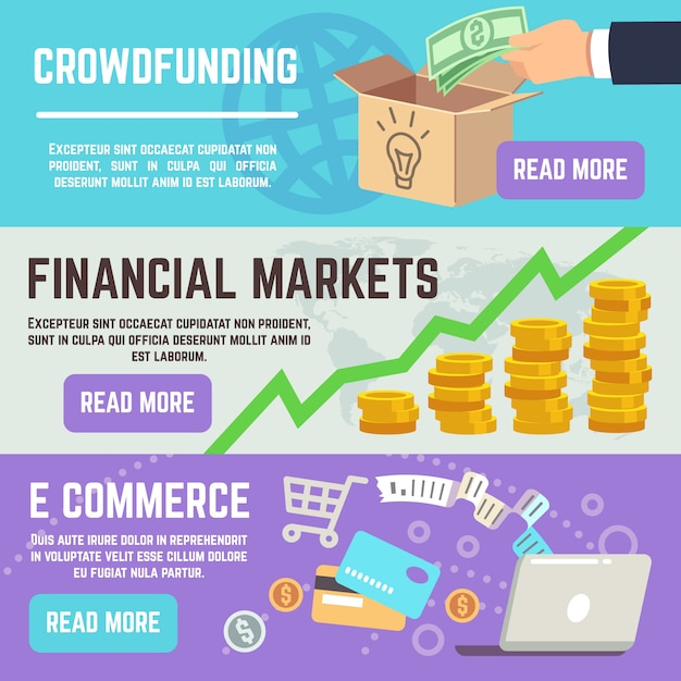 Crowdfunding banners. business banking, e commerce and financial markets vector concepts