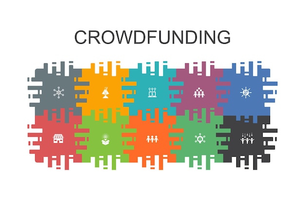 Crowdfunding cartoon template with flat elements. contains such icons as startup, product launch, funding platform, community