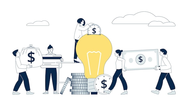 Concetto di crowdfunding idea di investimento per fondi idee per investire avvio di attività creative le persone donano denaro per la scena vettoriale recente del progetto