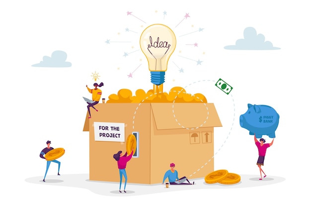 Crowdfunding concept. tiny people insert golden coins to huge carton box with glowing light bulb.