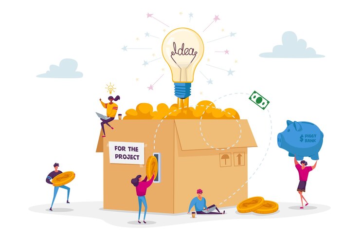 Vector crowdfunding concept. tiny people insert golden coins to huge carton box with glowing light bulb.