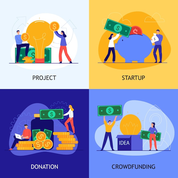 Vettore insieme dell'illustrazione di crowdfunding