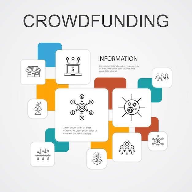 Crowdfunding infografica modello di icone a 10 linee.avvio, lancio del prodotto, piattaforma di finanziamento, icone semplici della comunità