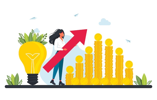 Crowdfunding and investing in an idea or starting a business.tiny businesswoman with big red arrow stands next to pile of coins and light bulb. Marketing investment. Business plan, finance management