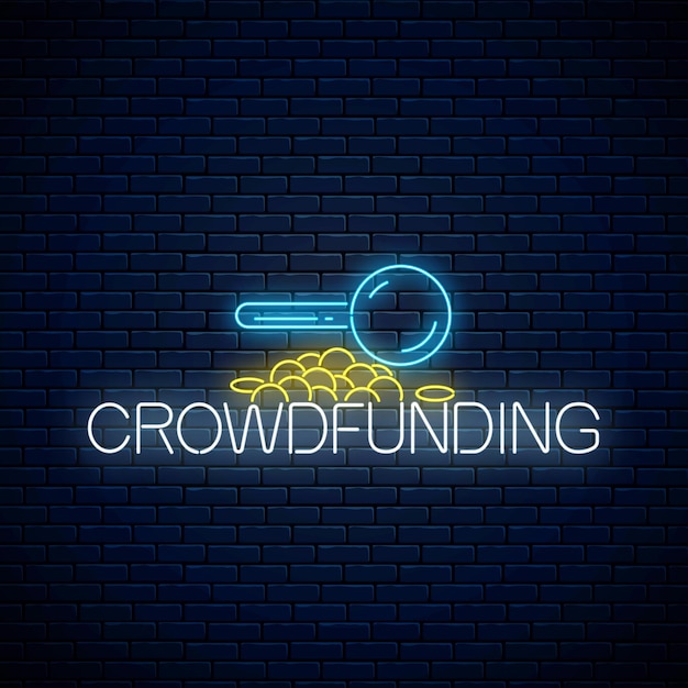 Crowdfunding neon symbol. glowing neon sign of business project startup on dark brick wall background. vector illustration.