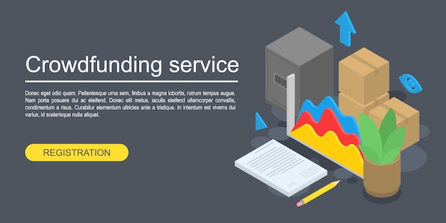 Crowdfunding service concept banner, isometric style