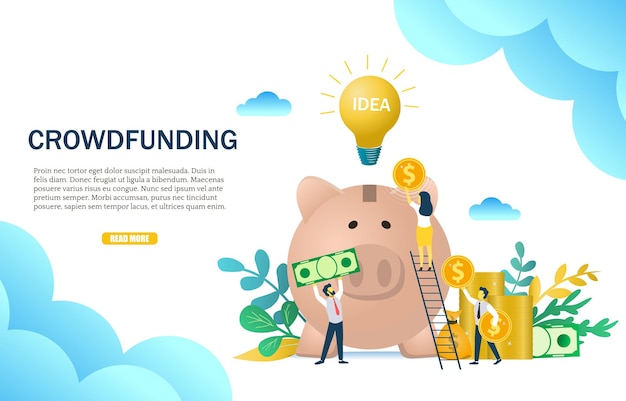 벡터 크라우드펀딩 웹 배너 템플릿입니다. 돼지 저금통에 돈을 넣는 사업가의 벡터 삽화. 모금, 웹사이트 페이지 등에 대한 새로운 아이디어 투자 개념